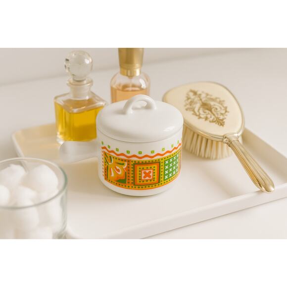 Vintage 1970s Avon Milk Glass Jar Unopened Candle Orange Green Yellow Mod Design - Picture 3 of 12